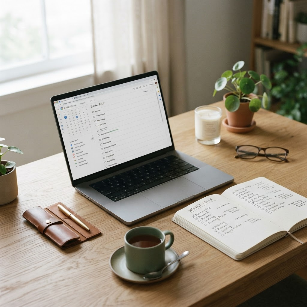 A tidy home desk with an open laptop showing a calendar and a handwritten task checklist beside a cup of tea