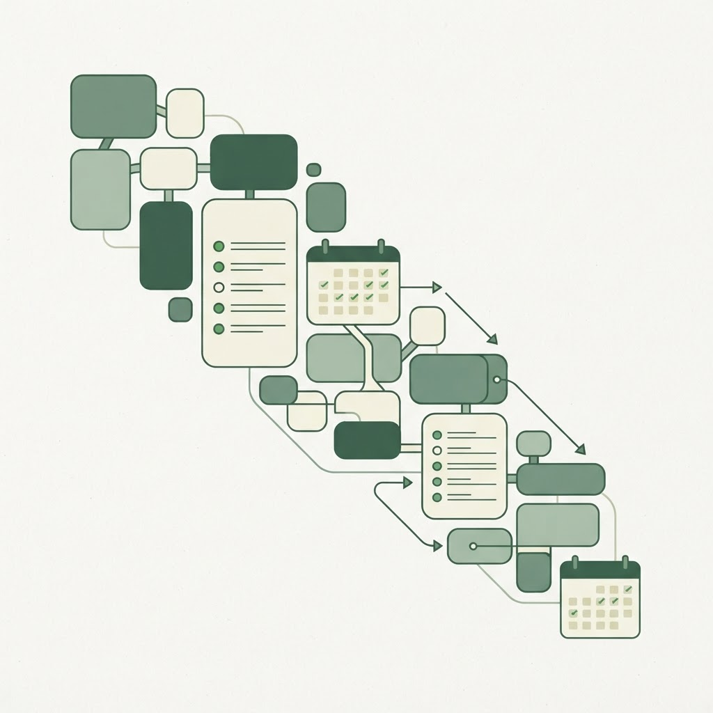 Abstract illustration of interlocking checklist and calendar shapes representing an organized workflow